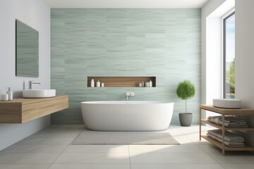 Fototapeta na wymiar Sleek and modern light green bathroom interior with elegant bathtub and stylish tiled wall design