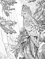 Coloring book parrot sitting on the trees doodle style black outline. line art black and white background.