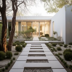 beutiful pathway to the house with garden in minimal style