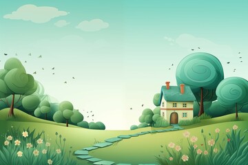 beutiful pathway and cute house on white and green background for cute and relax design
