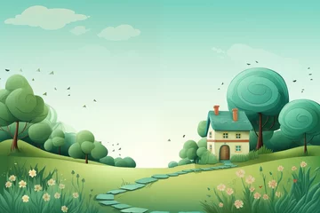  beutiful pathway and cute house on white and green background for cute and relax design © kenkuza