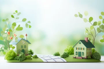 Fotobehang beutiful pathway and cute house on white and green background for cute and relax design © kenkuza