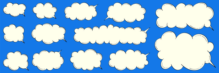 Set of cartoon speech bubbles in the shape of a cloud. Vector doodles with place for text, hand drawn for banners, posters in comic style.