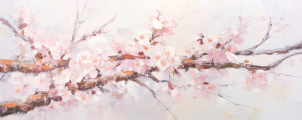 Beautiful flowering japanese cherry or sakura blossoms branch in oil painting style.
