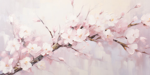 Fototapeta na wymiar Beautiful flowering japanese cherry or sakura blossoms branch in oil painting style.
