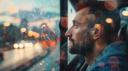 A man lost in thought, looking at the city passing by from a bus window, blurred background, with copy space