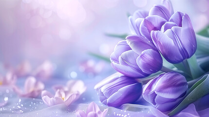 Lilac tulips. Beautiful, airy banner for spring cards, backgrounds - obrazy, fototapety, plakaty