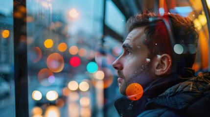 A man lost in thought, looking at the city passing by from a bus window, blurred background, with copy space