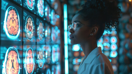 African American female doctor or student looking at futuristic medical charts with augmented reality VR glasses at a high tech hospital