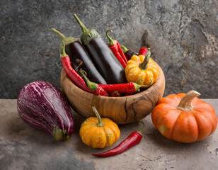  Pumpkins, eggplant and peppers a big wooden bowl on a textured stone kitchen counter. isolated.