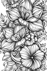 Coloring book flowers doodle style black outline. line art floral black and white background