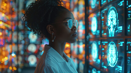 African American female doctor or student looking at futuristic medical charts with augmented reality VR glasses at a high tech hospital