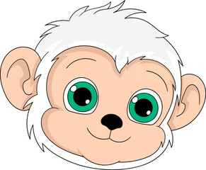 cartoon doodle illustration, white furry monkey head with a happy face