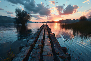 Peaceful Landscape of Wooden Pier on Lake. Wooden Bridge - obrazy, fototapety, plakaty