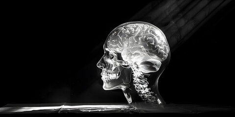 Skull and head anatomy model with black and white color black background - obrazy, fototapety, plakaty