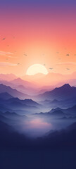 Fototapeta premium The sunset in the middle of two mountains and the birds fly shaped wallpaper design abstract organic colorful background 9:20, ai generative