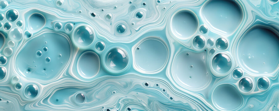 Liquid mixture painted in blue color with bubbles closeup. Hue of liquid mixture creates sense of depth and dimension. Mesmerizing visual effect.
