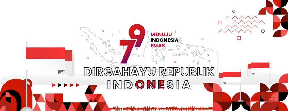 Indonesian Independence Day background in colorful geometric style. Happy 17 august, 79th Indonesian National Day greetings banner with typography. Dirgahayu Republik Indonesia. Vector Illustration