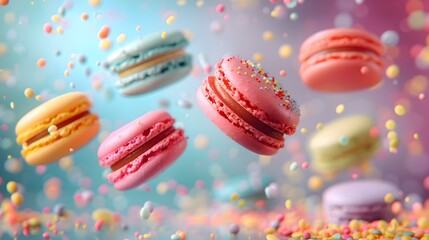 Colorful macaroons cascading in motion against vibrant backdrop show delicious chaos. Concept Dessert Photography, Macaroon Madness, Vibrant Colors, Delicious Chaos, Creative Composition