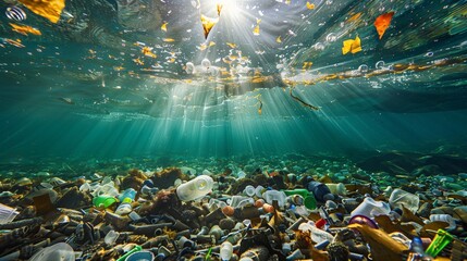 Underwater scene showing scattered plastic trash covering the seabed, highlighting the environmental issue of water pollution and its threat to marine life. - obrazy, fototapety, plakaty