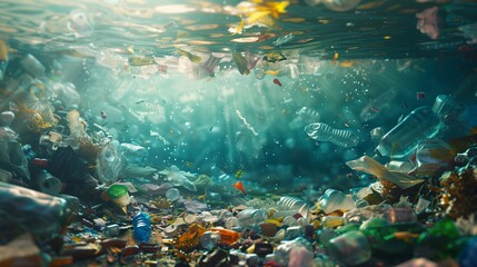 Fototapeta na wymiar Underwater scene showing scattered plastic trash covering the seabed, highlighting the environmental issue of water pollution and its threat to marine life.
