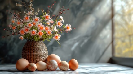 Easter background. Beautiful composition of colorful eggs and spring flowers on a delicate...