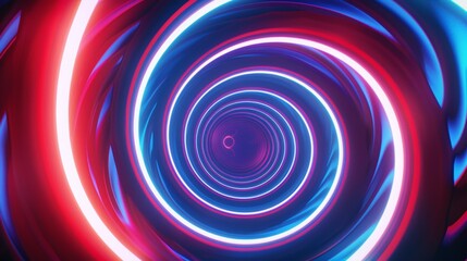 an 80s cartoon background, hypnotic spiral, CG animated, red white & blue neon colors, retro synthwave aesthetic