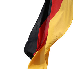 Flag of Germany waving in the wind on the wooden flagpole. German national flag made of silky fabric (black, red, yellow). Isolated on the white background. Clipping path. Copy space.