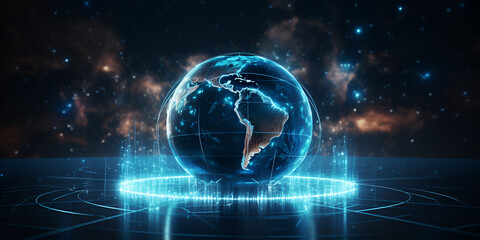 Blue global network connection World map abstract technology earth globe with neon lines 3d illustration