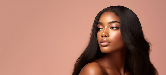 Beautiful Afro American Woman with Perfect Skin. Facial Skin Care. Cosmetology, Beauty, Cosmetics Concept, Spa. Beige Pink Background with Copy Space.