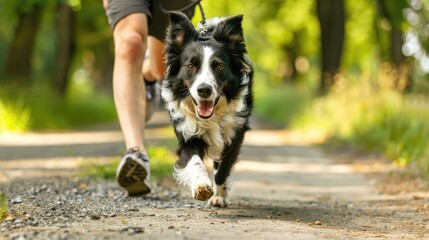 A photo of a man jogging with his black and white border Collie dog in a summer park. Cardio training of an athlete with his pet