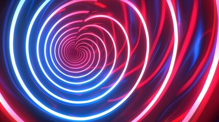 an 80s cartoon background, hypnotic spiral, CG animated, red white & blue neon colors, retro synthwave aesthetic