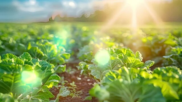 Fresh kale field. Curly kale fresh green leaves on field. Bunches of fresh kale in the garden. Curly cabbage leaf kale plant field leaves. Bio organic plantation. Brassica oleracea. 4k video sunlight