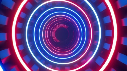 an 80s cartoon background, hypnotic spiral, CG animated, red white & blue neon colors, retro synthwave aesthetic