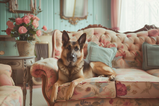 Cute German Shepherd dog posing in a vintage-style apartment
