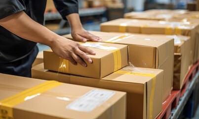 An employee of the transport company prepares packages for transport. Packing packages concept