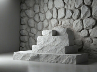 A light room with a stone wall and a white podium in the center.  The central space is used for ready to mockup
