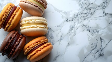 Assorted macaroons up close on a light background with room for text. Concept Food photography, Macarons, Close-up Shots, Light Background, Copy Space - obrazy, fototapety, plakaty