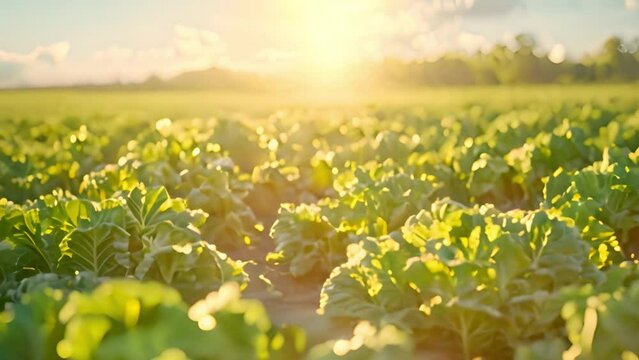 Fresh kale field. Curly kale fresh green leaves on field. Bunches of fresh kale in the garden. Curly cabbage leaf kale plant field leaves. Bio organic plantation. Brassica oleracea. 4k video sunlight