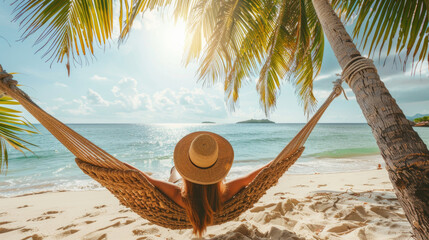 Woman relaxes and enjoys the sun on vacation at the beach in a wicker hammock