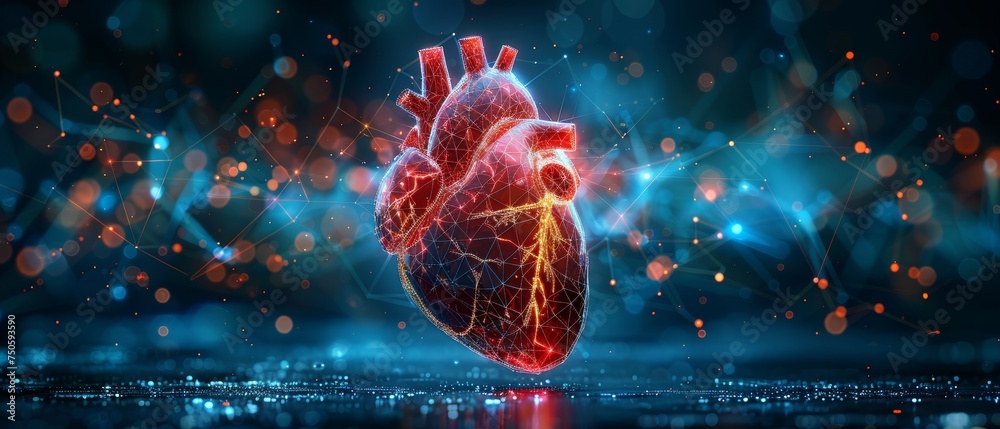 Poster a red human heart behind a blue futuristic guard shield. medical concept in heart care. low poly sty