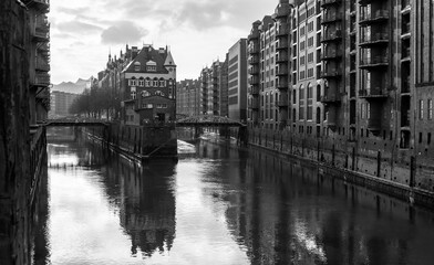 Panorama of the “Speicherstadt“ Hamburg (Germany) is a historic warehouse district, renowned...