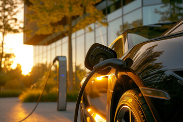 EV charging station sits at the forefront of a scene that perfectly marries modernity with nature.