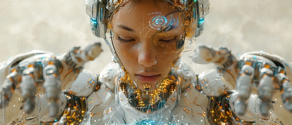 Aufkleber Artificial intelligence in image of female robot works with computer interface. Robot woman with four arms in image of goddess Kali analyzes data, works on head-mounted display.