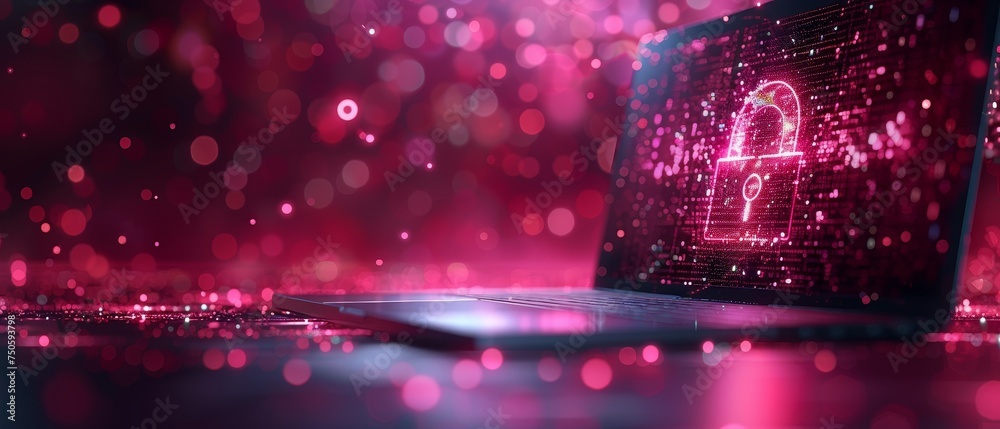 Poster Low poly wireframe  illustration of a lock on the screen of a laptop. Digital data secure concept. Starry sky with shapes, lines, and points. Polygonal notebook and lock.