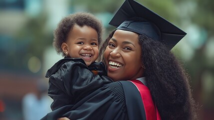happy african american mother and daughter in graduation cap on green background. Mother's day - obrazy, fototapety, plakaty