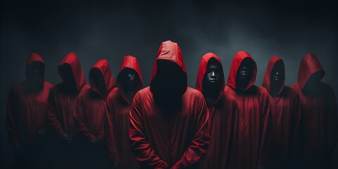 The Image of People Wearing Red Hoods in a Sinister Cult Setting. Concept Dark Portraits, Sinister Imagery, Cult Aesthetics, Mystery Photography, Red Hood Symmetry - obrazy, fototapety, plakaty
