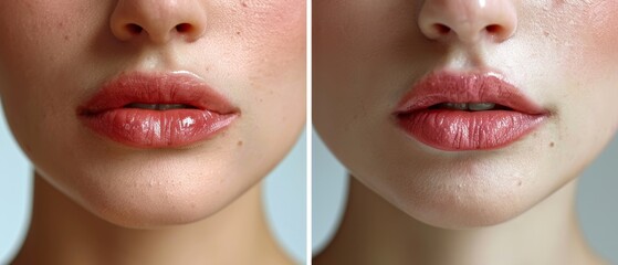 Comparison of the before and after of hyaluronic acid injection for women's lips. Optimal beauty lip treatment. - obrazy, fototapety, plakaty
