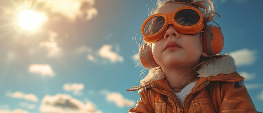 A child pilots a toy jetpack, set against an autumn sky background.