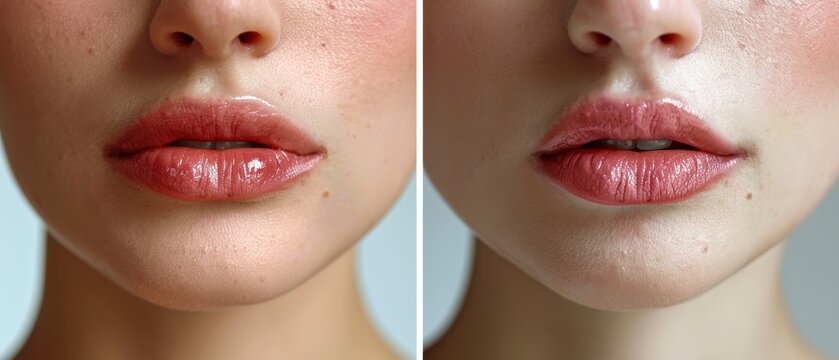 Comparison of the before and after of hyaluronic acid injection for women's lips. Optimal beauty lip treatment.